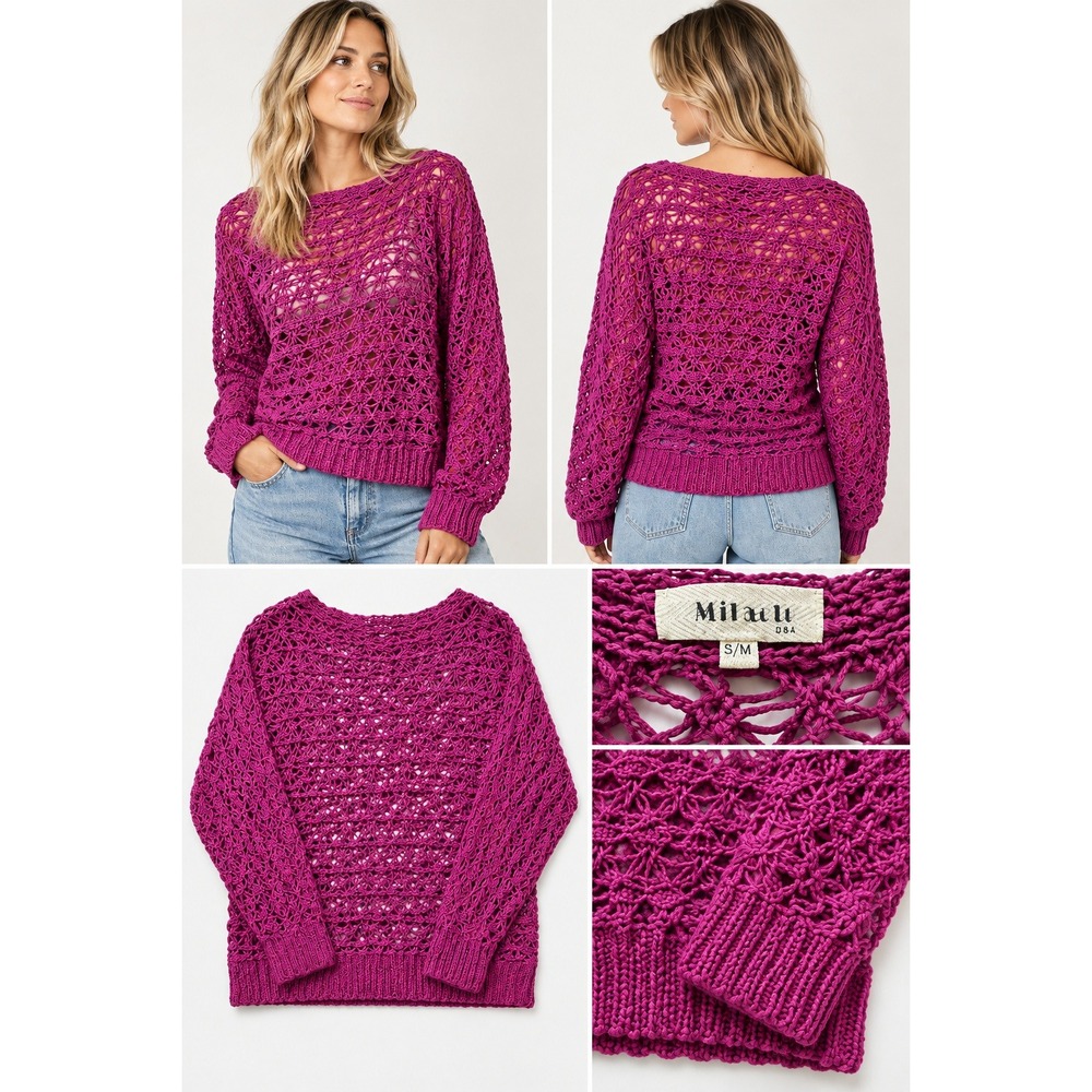 Miracle USA Magenta Boho Y2K Crochet Star Pattern Sweater S/M Magenta Pullover